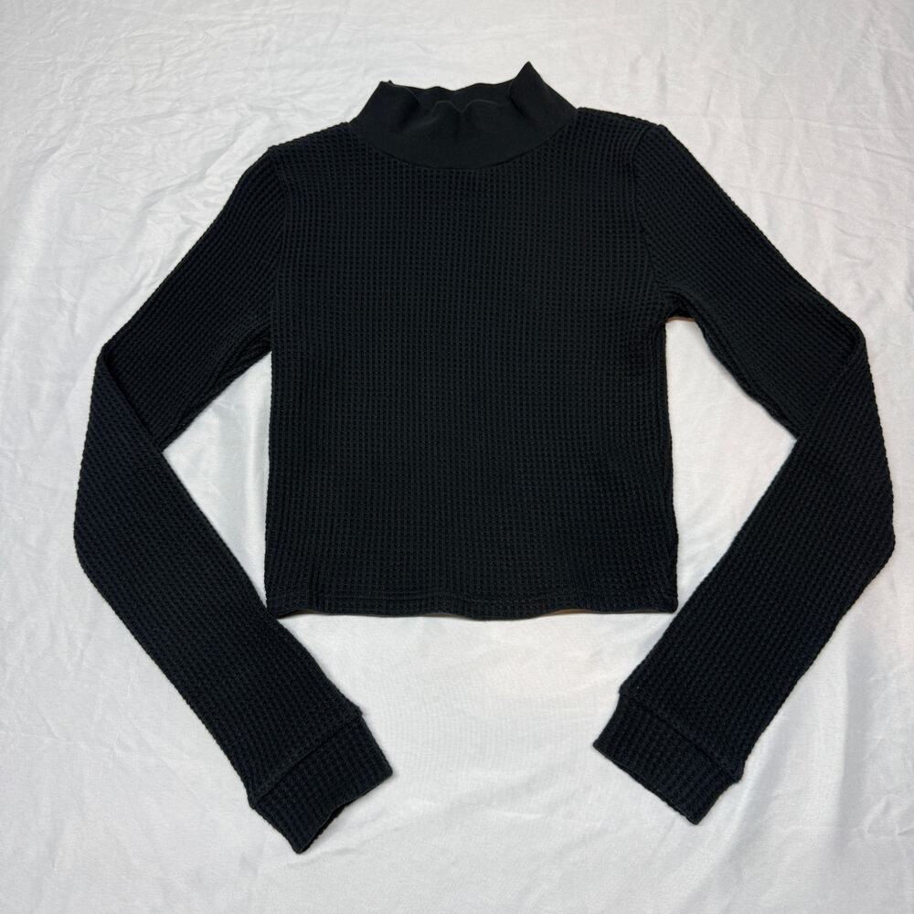 Aerie Blizzard Waffle Mockneck Cropped Long Sleeve Top Black Small